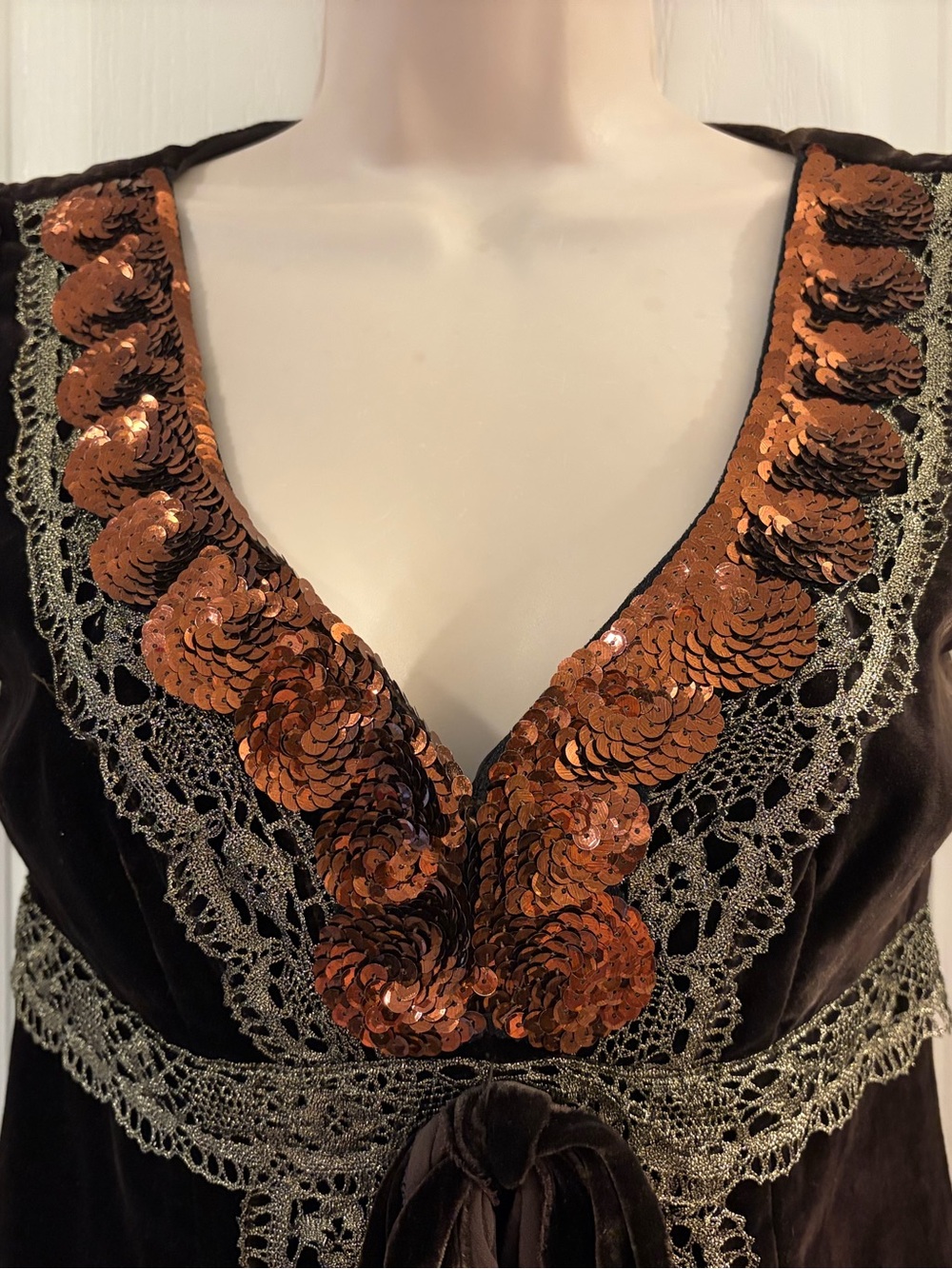 Nanette Lepore Brown Velvet Top with Copper Sequin V-Neck - Picture 2 of 12
